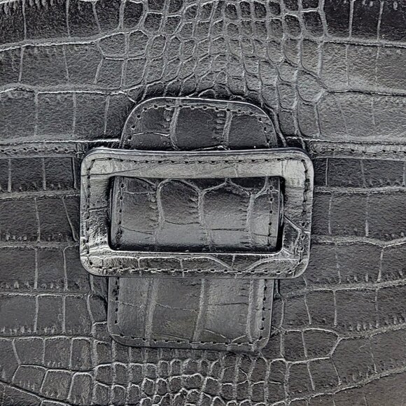 Black Croc Embossed Genuine Leather Crossbody Bag with Gold Chain Strap & Buckle - Picture 15 of 15